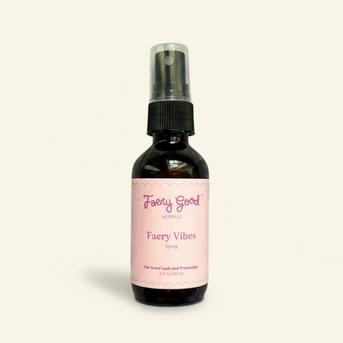 Bottle of 'Faery Good' Faery Vibes spray on a cream colored background