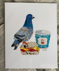 Collage of a pigeon, cup, and BEC sandwich on a newspaper background
