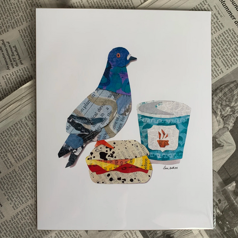 Collage of a pigeon, cup, and BEC sandwich on a newspaper background