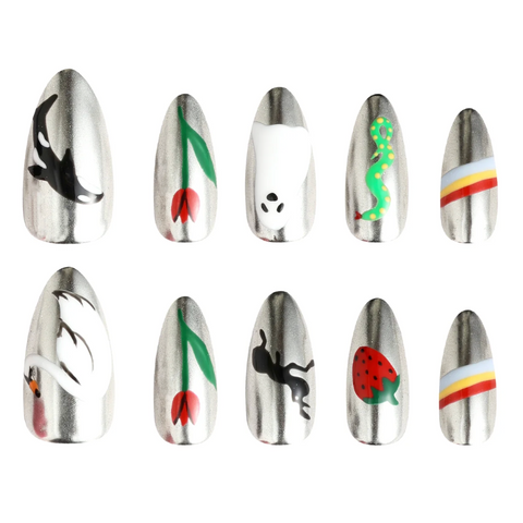 Set of nail art designs on metallic nail extensions against a white background