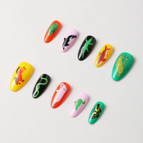 Colorful nail art designs on a white background