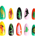 Set of nail art designs with animal illustrations on a white background