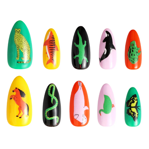 Set of nail art designs with animal illustrations on a white background