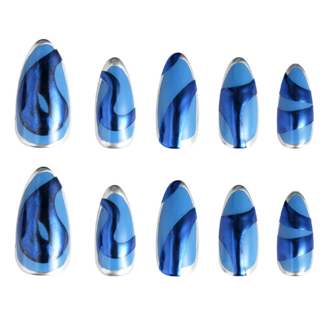 Blue nail art designs on a white background