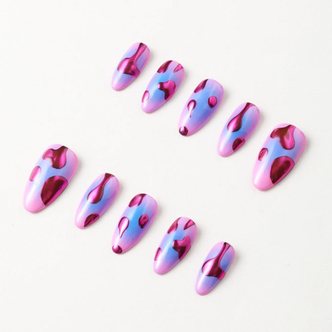 Set of purple and pink nail art designs on a white background