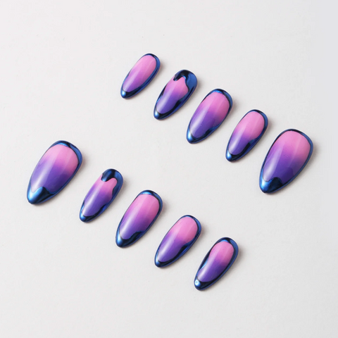 Purple and pink gradient nail art designs on a white background