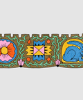 Decorative band with floral, geometric, and animal designs on a light gray background.