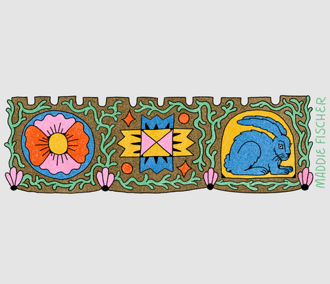 Decorative band with floral, geometric, and animal designs on a light gray background.