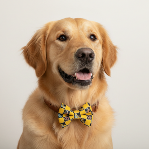 Checkered bow tie with yellow and black pattern on a white background
