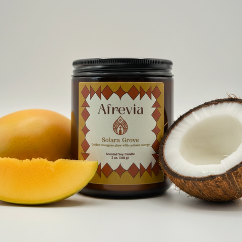 Candle jar with 'Afrevia Solara Grove' label on a white background
