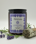 Candle with purple label featuring 'Afrevia' on a light gray background