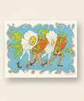 Colorful illustration of three figures with floral and leafy elements on a blue background