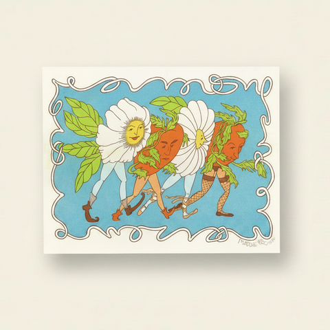 Colorful illustration of three figures with floral and leafy elements on a blue background