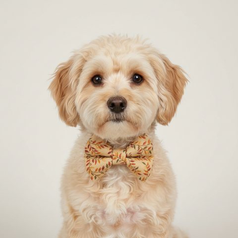 A pre-tied bow tie featuring an autumn leaf pattern in shades of orange, red, and green on a warm beige background, presented on a clean off-white studio background.