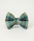 A small bow tie in a green and blue tartan plaid pattern, displayed on a wooden stand against a light wood plank background.