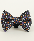 A small bow tie with a Halloween star pattern, featuring black, white, purple, and orange stars on a black background, displayed on a wooden block over a whitewashed wood surface.