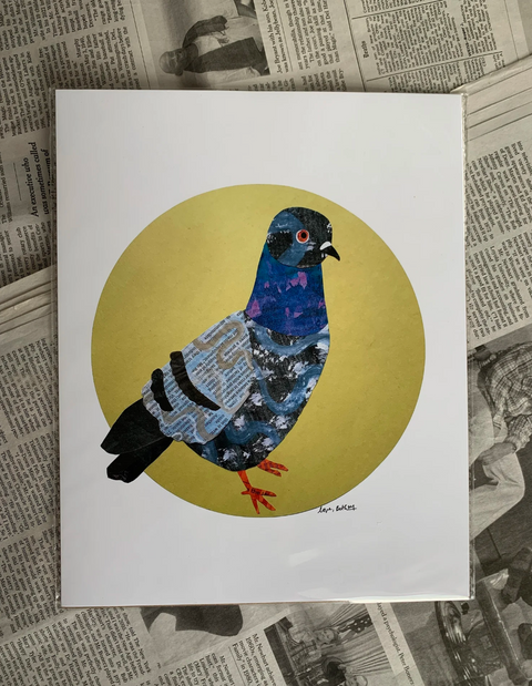 Art print of a colorful pigeon on a yellow circle with newspaper background