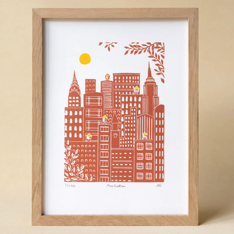 Manhattan Skyline Linocut Print