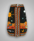 Knitted dog sweater with colorful patterns on a white background