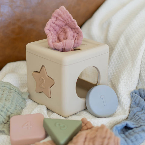 Wooden block toy with various shapes and a pink shell on a soft surface