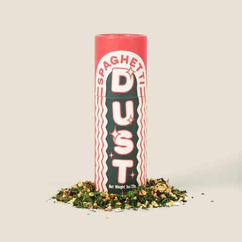 Spaghetti Dust container with a pink top on a beige background