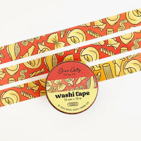 Washi tape with pasta design and Boss Dotty Paper Co branding