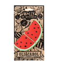 Watermelon-shaped toy with 'Wally the Watermelon' branding on a decorative package by Oli & Carol.