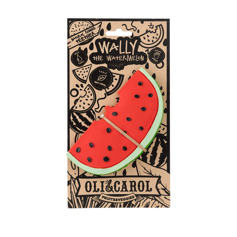 Watermelon-shaped toy with 'Wally the Watermelon' branding on a decorative package by Oli & Carol.