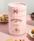 Pink and white striped cookie mix container with cookies around on a pink background
