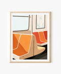 Framed artwork of a train interior with orange seats on a white background