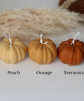 Row of pumpkin candles in different colors with labels on a textured surface