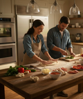 A heterosexual couple making a pizza at home