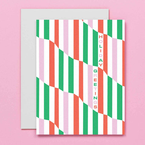 Striped holiday greeting card with 'Holiday Greetings' text on a pink background