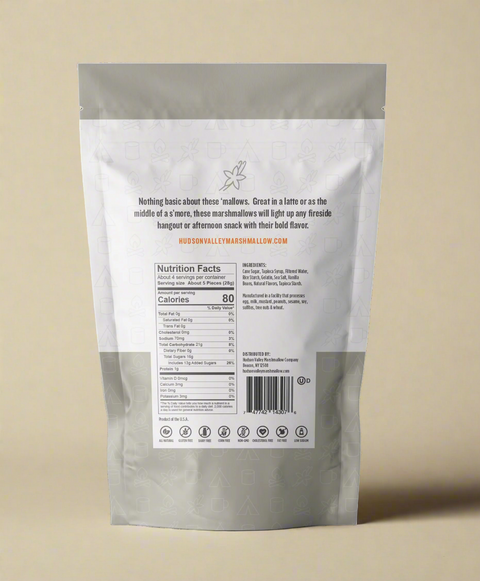 Back view of a gray package with nutritional information and branding on a white background