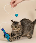 Cat playing with a blue and black toy on a beige background