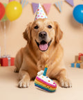 Colorful toy resembling a birthday cake with a candle on a beige background